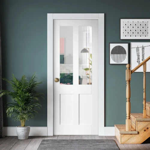 White Internal Primed Flat Victorian Shaker 2 Panel 2 Light Clear Glass FD30 Fire Door (122087)